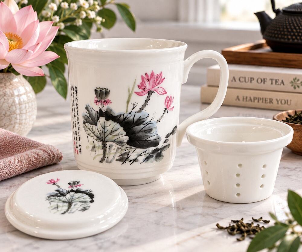 Ho San Bone China Tea Mug 12 oz Infuser Lid Lotus Floral Chinese Calligraphy